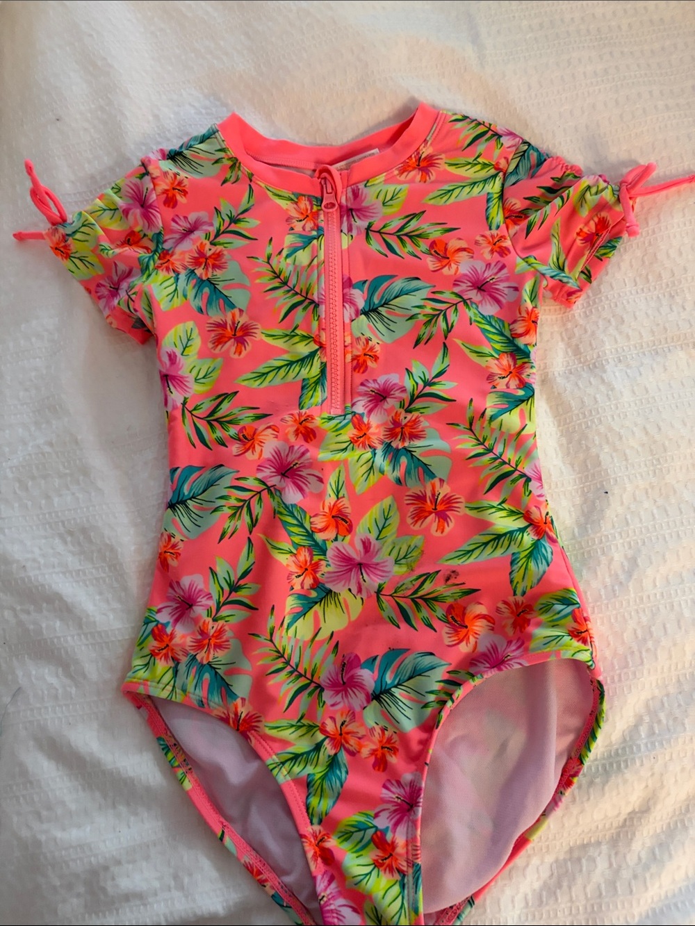 Cat & Jack Neon Pink Tropical Floral Zip One-Piece Swimsuit